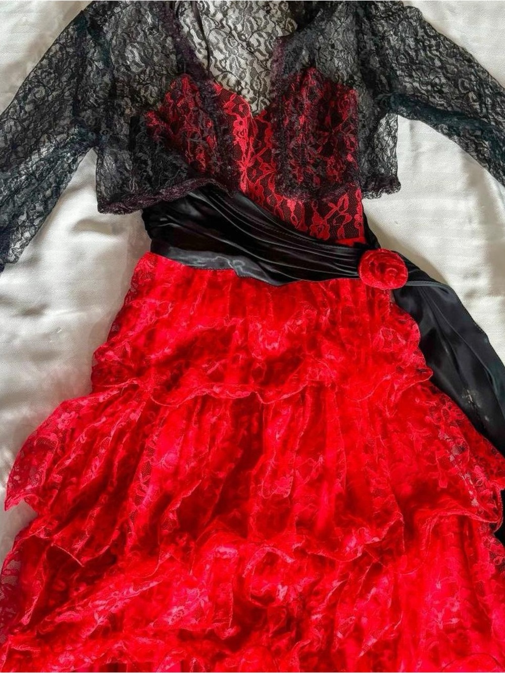 Vintage 1980’s Red Ruffle Prom Dress With Lace Bolero by “ILGWU”